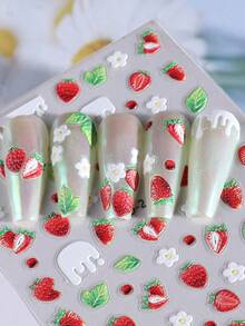 2 件时尚草莓美甲贴纸红色夏季水果花瓣指甲滑块贴花 DIY 装饰配件