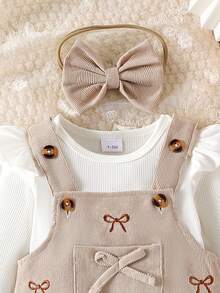 2pcs Baby Girl Comfortable Long Sleeve Bodysuit & Embroidered Pinafore Dress With Headband Set, Lightweight Spring/Autumn - Beige - View 4