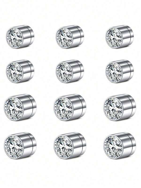 12pcs Stainless Steel Fake Ear Rings 4mm/5mm Combination Package Magnetic Stud Earrings Fashion Non Piercing Body Jewelry For Women Daily Wear
