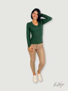 Women's Suede Knit Blouse With V-Neckline – Comfort, Style And Versatility For All Occasions - 軍綠色 - 查看 5