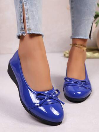 2025 Glossy Elegant Bow Design Retro Wedge Platform Casual Shoes For Women, Comfortable & Soft, Mom's Top Pick, Suitable For All Seasons Shopping & Daily Wear