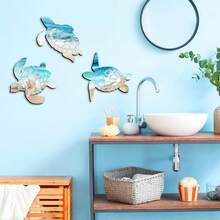 3 Pcs Summer Wall Decor Wooden Crabs Seahorses Sea Turtle Wall Decor Hanging Ocean Wall Arts Beach Theme Art Decorations For Bathroom Outdoor Indoor House Office - Mint Blue - View 3