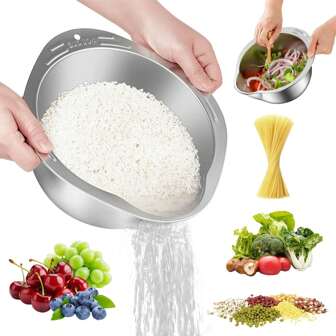 Bol passoire à riz 4 en 1, passoire à rinçage en acier inoxydable avec égouttoirs latéraux, passoire de cuisine pour le nettoyage du quinoa, des fruits, des légumes, des haricots, des pâtes
