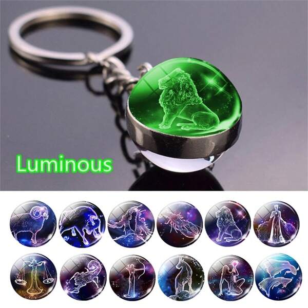 Llavero con colgante de bola de cristal luminosa con 12 constelaciones del zodíaco, que brillan en la oscuridad, llavero con signo zodiacal como regalo de cumpleaños para hombres y mujeres, para mochilas escolares
