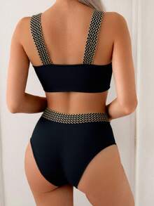 Swim Chiccia Summer Beach Ruched Contrast Tape Bikini Set - Black - View 2