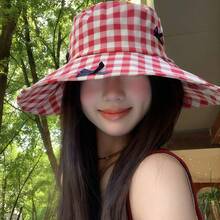 1PC Bucket Hats For Woman Checkered Bow Beach Sun Hat Suitable For Women Outdoor Protective Foldable - Multicolor - View 10