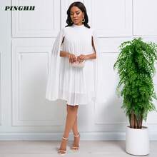Women's Stand Collar Pleated Cape Sleeve Dress LooseKnee Length Club Dress Summer Solid Color Dress - 白色 - 查看 1