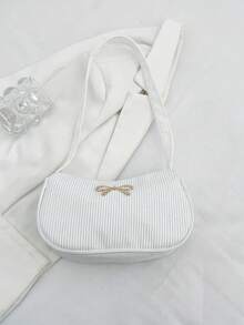 Solid Color Luxury Lightweight Bow Decor Zipper Shoulder Bag, White Bag - White - View 2