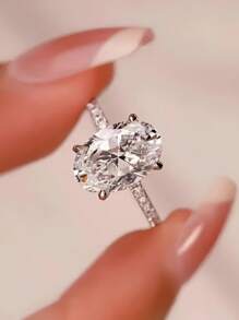 1pc Fashionable Cubic Zirconia Oval Cut Decorative Copper Ring, Suitable For Women's Daily Wear, Wedding, Cocktail Party, Engagement, Valentine's Day Gift