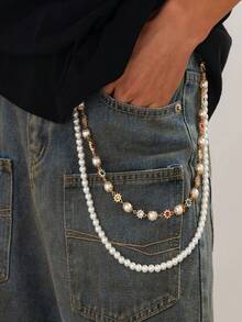 1pc Pearl Flower Pants Chain, High-End Style, Male Hip-Hop,Multi-Layer Metal Cross Pendant With Faux Pearl And Gemstone Inlay, Fashion Accessory With Hiphop Punk Style, Suitable For Pants Chain, Keychain, Waist Decoration, Teen, Casual Outdoor, Athletic, Vacation, Travel, Graduation, Birthday, Daily Wear