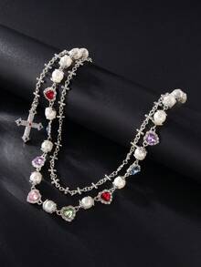 1pc Pearl Flower Pants Chain, High-End Style, Male Hip-Hop,Multi-Layer Metal Cross Pendant With Faux Pearl And Gemstone Inlay, Fashion Accessory With Hiphop Punk Style, Suitable For Pants Chain, Keychain, Waist Decoration, Teen, Casual Outdoor, Athletic, Vacation, Travel, Graduation, Birthday, Daily Wear