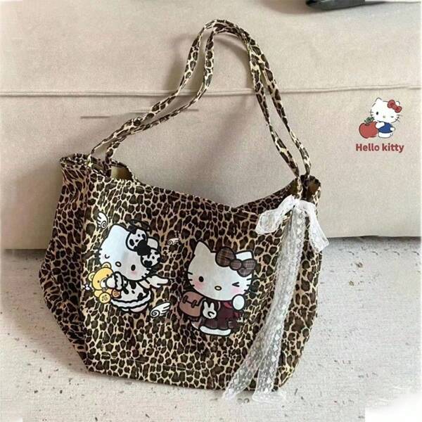 Sanrio 1pc Sanrio Hello Kitty Fashion Leopard Print Shoulder Bag, 2025 New Large Capacity Leopard Backpack Tote Bag, Versatile For Daily Commute, Shopping And Travel, Suitable As Gift For Friends Holidays & Birthdays