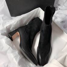 Bottines à talon épais bout carré patchwork extensibles bottes fines à talon haut célébrité internet amincissantes pour femmes - Noir - Voir 8