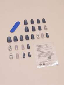 Set di 24 unghie finte a forma di cofano corte con stile minimalista, con strass e motivo ad occhio di gatto blu, include 1 lima per unghie e 1 gel per unghie, adatto per l'uso quotidiano, in ufficio e per feste per le donne