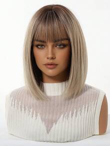 Perruque dégradé brun noir doré de 12 pouces, coiffure au carré droite avec frange pour femmes, en fibre synthétique résistante à la chaleur, et polyvalente, convient aux femmes et aux filles pour un usage quotidien, les fêtes, le cosplay, la photographie et plus encore - Blond ombré - Voir 4