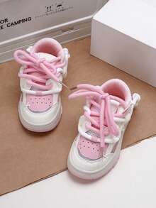 Girls Canvas Sneakers New Versatile Casual Sport Shoes School Lace-Up Low-Top Little White Shoes Toddler/Kids Medium Contrast Color Shoes