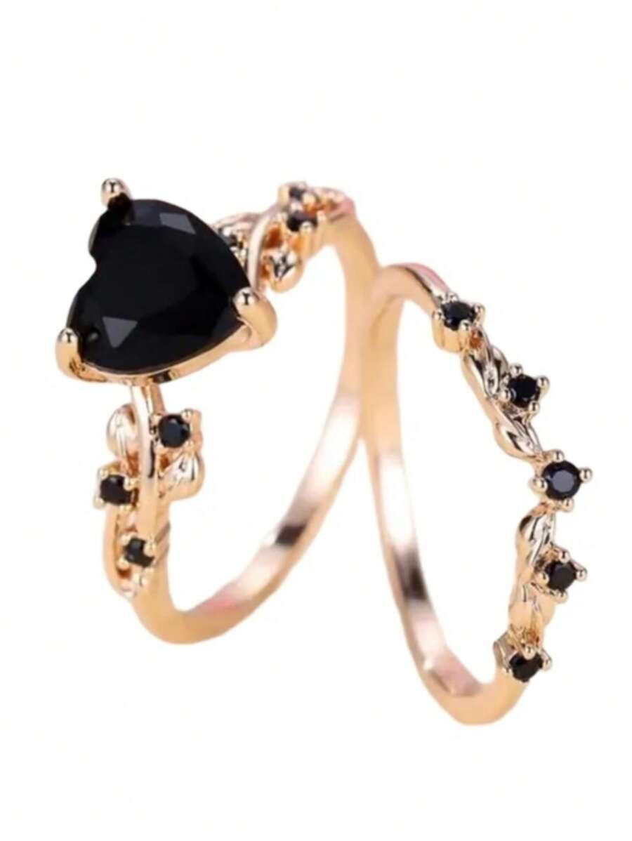 2 Pieces Set New Style Luxury Inlaid Zirconia Heart-Shaped Fashion Versatile Ring, Suitable For Women Girlfriend Anniversary Gift Jewelry