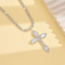 Luxury Fully Rhinestone Zirconia Cross Pendant Necklace, Suitable For Party, Wedding, Sparkling Necklace Accessory