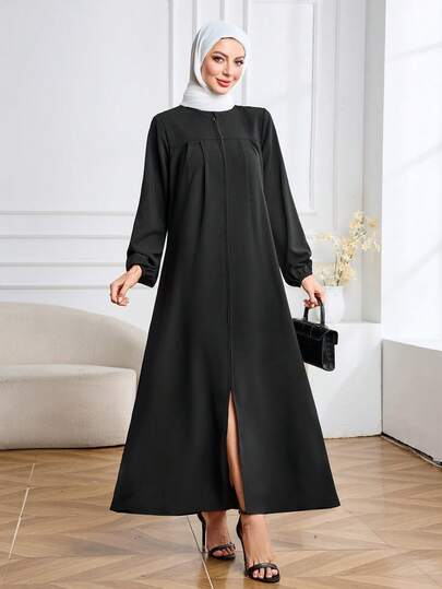 Arabic Style Women's Solid Color Zip-Up Collar Long Sleeve Dress Black Spring