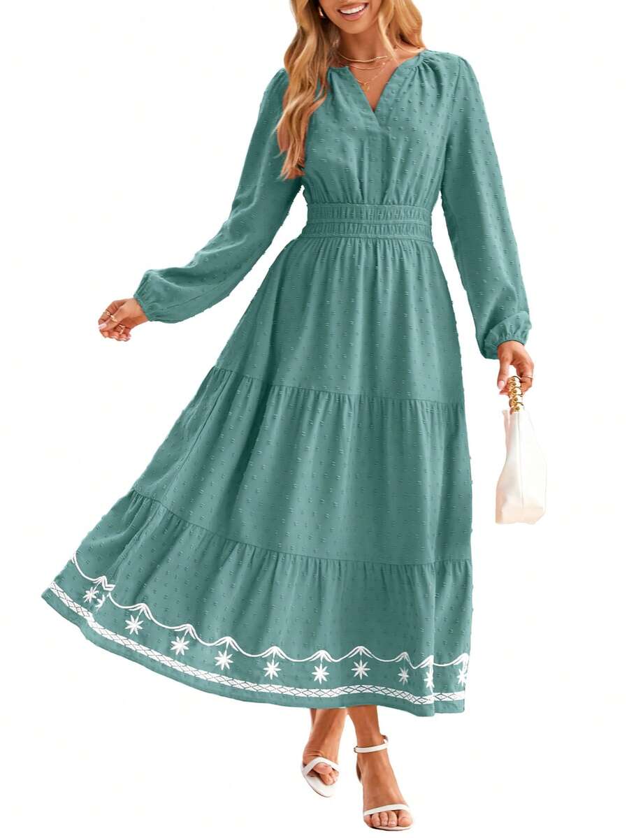 Womens Boho Maxi Dress V Neck Empire Waist Long Flowy Dress Long Sleeve Swiss Dot With Pockets 2025 - màu xanh mòng két - Xem 1