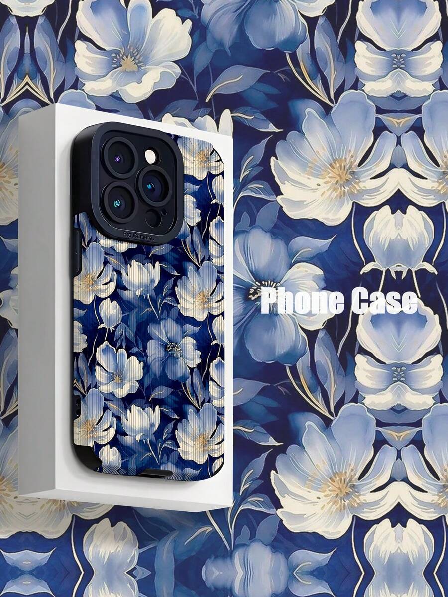 1 件复古蓝色花卉图案竖条纹仿皮防震软手机壳,适用于 Apple 和 15/15 PLUS/15 PRO/15 PRO MAX - 彩色 - 查看 1