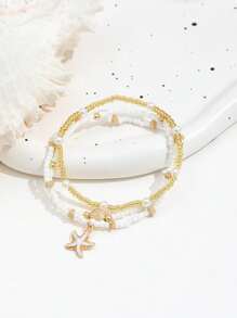 3pcs Women's Simple White Bead Pearl, Golden Starfish & Shell Anklet, Suitable For Everyday Wear And Vacation Travel