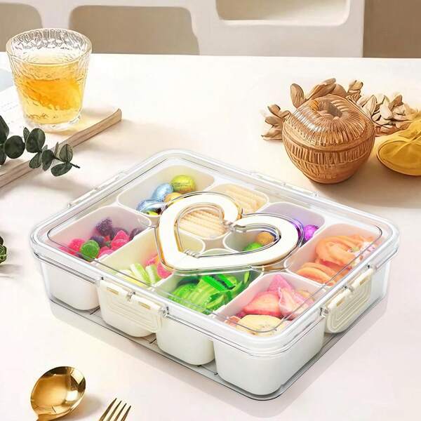 1 pieza Plato de comida dividido con tapa y asa, caja de 8 compartimientos para snacks, bandeja reutilizable para frutas, nueces, caramelos, fiestas, picnics, snacks de vegetales
