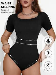 Suprenx Ribbed Jumpsuit, Valentine's Day Women's Shapewear Bodysuit, Tummy Control Workout Unitard With Crew Neck Short Sleeve Top - Black - View 7