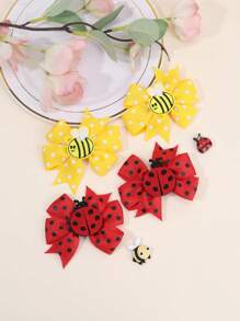 Set de 4 clips para el cabello con forma de lazo en amarillo y rojo para niñas, accesorios de tela con forma de abeja y mariquita, pasadores con clip de caimán como accesorios para el cabello para adolescentes de uso diario