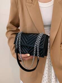 Women's Fashionable Stitched Chain Shoulder Bag For Daily Use - Black - View 3