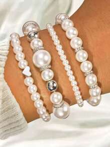 4pcs Set Heart Shaped Beaded Bracelets For Women, Bohemian Fashion Bangle Set