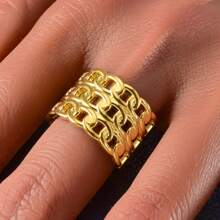 Set de 3 anillos ajustables de acero inoxidable con capas geométricas enchapadas en oro de 18K, cuentas y corona, adecuado para mujeres en eventos diarios, fiestas, banquetes y vacaciones de verano
