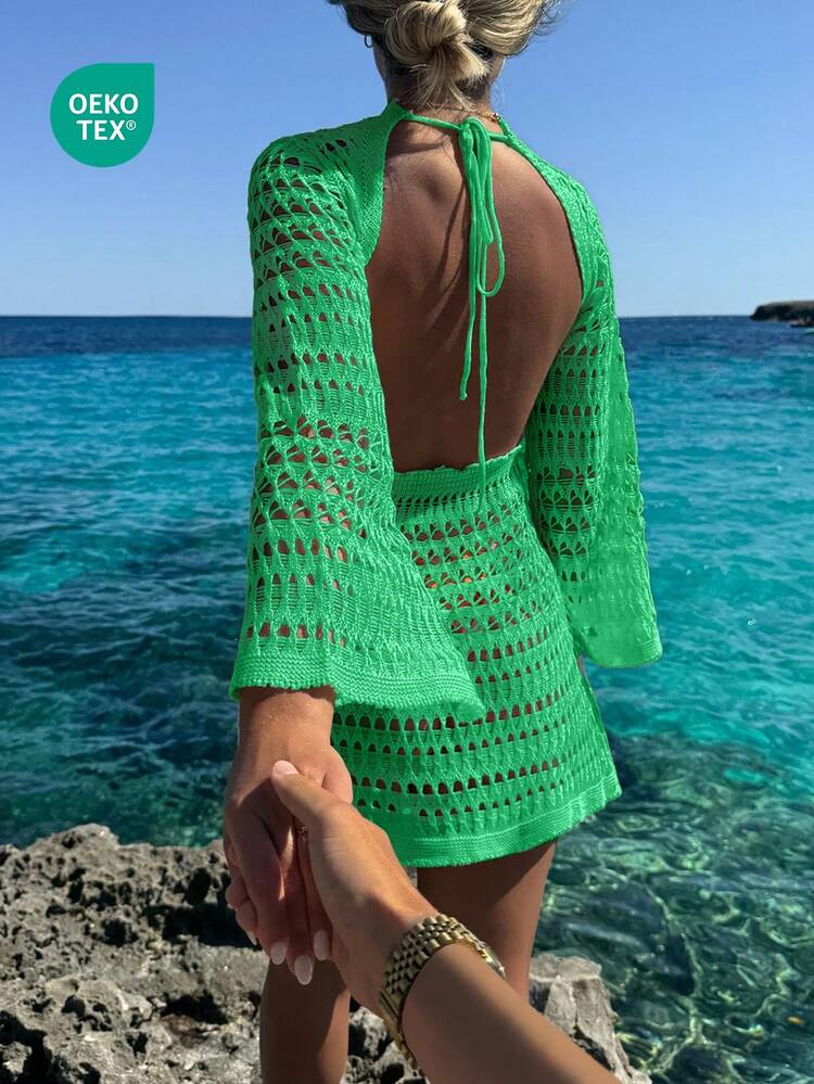 Women's Deep Green Hollow-Out Backless Long Sleeve Crochet Coverup Dress, Bohemian Style, Spring/Summer - Green - View 1