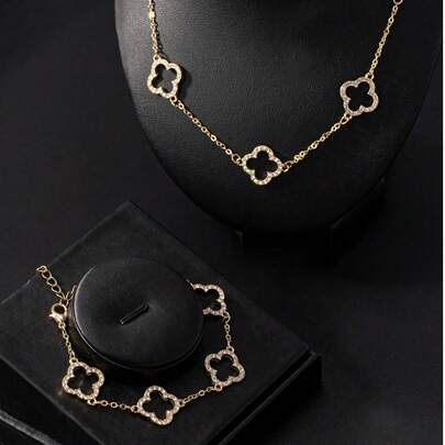 2 Stücke/Set elegantes Modeschmuck-Set mit Cut Out floralen & Kleeblatt-Muster, bestehend aus Halskette und Armband, geeignet für den täglichen Gebrauch von Frauen