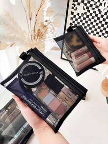 2025 Nowa minimalistyczna siateczkowa kosmetyczka, kompaktowy organizer na szminkę i poduszkę, duża pojemność, przenośna torba podróżna, codzienne pudełko do przechowywania kosmetyków, niezbędny element podróży, nadaje się na prezenty na Halloween i Boże Narodzenie - Czarne - Zobacz 5