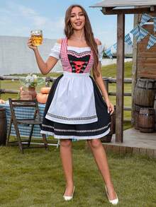 Halloween Party Costume Contrast Color Patchwork Camisole Dress + Mini Top With Apron, Suitable For Oktoberfest, Maid Uniform Cosplay And Other Occasions - Black - View 5