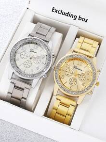1 Set Reloj de mujer de acero con banda y diamantes de imitación, reloj de cuarzo de tres esferas falsas, reloj de pulsera de cuarzo de moda casual - Multicolor - Ver 1