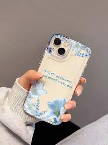 1pc Custom Text Mobile Phone Case, Fashionable Blue Lily Flower Pattern Soft Transparent TPU Full Coverage Anti-Slip Case For IPhone 16 Pro Max/15 Pro/14 Plus/13 Pro/12 Pro Max/11/XS Max/8/7 Phone Accessories