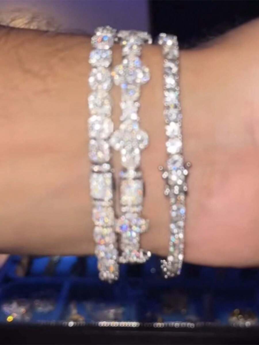 1 Set de pulsera de hombre con tono plateado y brillantes de strass, joyería de hip hop - pulsera de diamantes de imitación - Ver 1