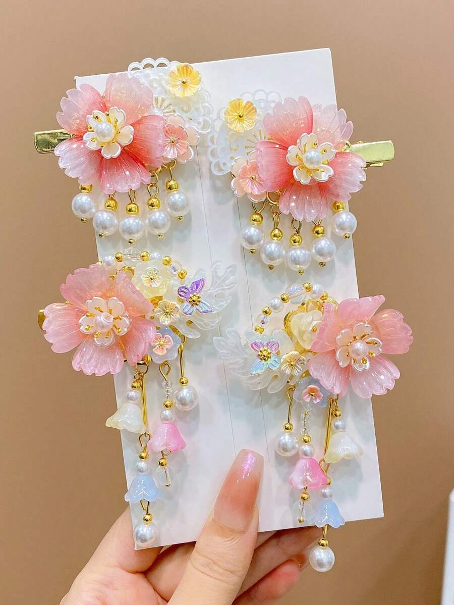 4pcs Vintage Flower Tassel Hair Clips For Girls