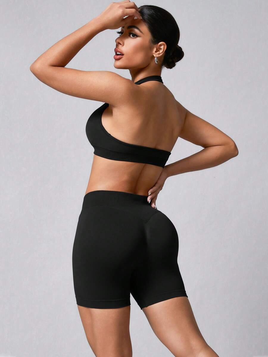 NcmRyu Conjunto de Sutiã Esportivo e Shorts Elástico Sem Costura Sexy Decotado nas Costas para Mulheres - Preto - Visão 1