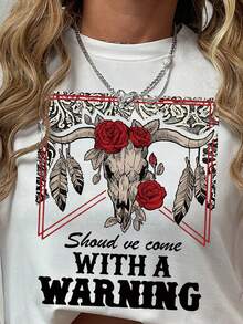 西式玫瑰牛印花 T 恤，波西米亚风格女士休闲圆领短袖简约 T 恤。 - 白色 - 查看 3