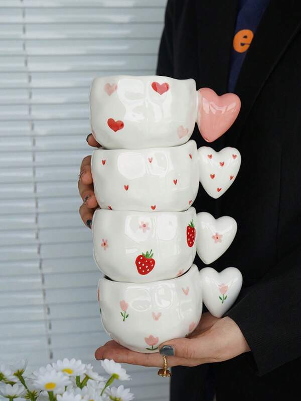 1pc Heart-Shaped Handle Ceramic Coffee Mug, European Style Large Capacity Hand-Painted Ceramic Milk Cup, Minimalist Home Milk Cup, Ceramic Cup, Latte Coffee Cup, Party Afternoon Tea Cup, High-Quality Office Water Cup, Gift Cup