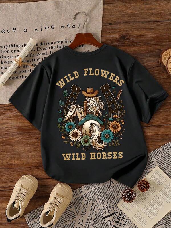 Cartoon print grafische tees voor tienermeisjes, korte mouwen T-shirts, zomertops voor tienermeisjes, ronde hals shirt en blouse
