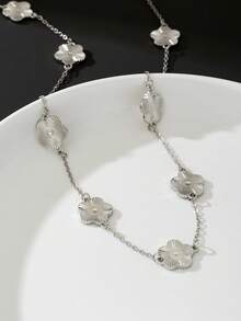 1 件简约休闲时尚高品质金属链银色双面全息五叶草吊坠项链，男士生日礼物 - 銀色 - 查看 3