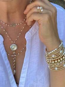 3/4/5/6/7/15pcs Set Of Stacked Gold Bracelets For Women And Girls, Mixed Bead Shaped Pearl Bracelet With Gold Plated Elastic Bead Ball Bracelet Set, Daily Surprise Gift Jewelry