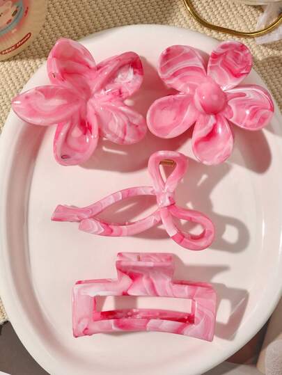 4件套ABS材质春夏波西米亚甜美粉色大理石渐变雏菊蝴蝶结发夹发爪配饰套装，适合沙滩时尚发饰，优雅发夹，秋冬度假装扮女士发饰蝴蝶结