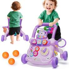 1盒婴儿学步车玩具，防倾倒婴儿推车，适合18个月以上的男孩女孩，带音乐教育游戏学习面板，可坐可站，是送礼和居家玩具的理想之选，需使用2节1.7V AAA电池（不包含在内）。 - 彩色 - 查看 8