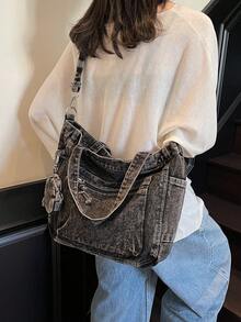 新款时尚休闲别致柔软牛仔多口袋托特包带零钱包，纯色大容量单肩包，艺术风格大学生斜挎书包，适合上班通勤、购物、旅行和返校