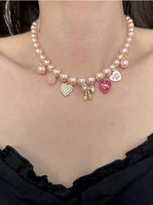 1 pieza Collar con corazón y lazo de perla de champán, elegante y de moda, collar de lujo ligero y delicado adorno de cadena para la clavícula